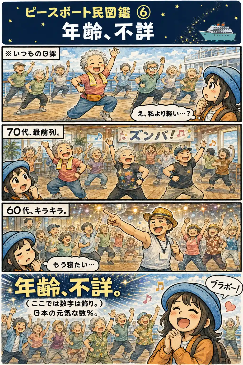 ピースボート船内で、朝の日課やズンバを元気いっぱい楽しむ年配の乗客たちを見て、年齢より体力に驚くAppyを描いた4コマ漫画。