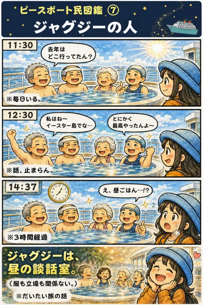 ピースボートのデッキにあるジャグジーで、毎日のように旅の話を続ける乗客たちを見て、そこが昼の談話室になっていると感じるAppyを描いた4コマ漫画。
