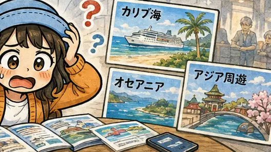 地中海・カリブ海・オセアニア・アジア周遊などの候補を前に、頭を抱えて迷うAppyの漫画アイキャッチ。