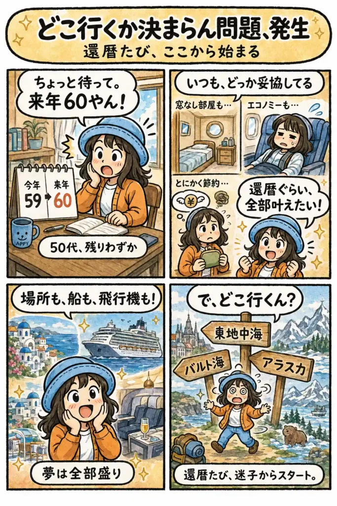 還暦を前に節約や妥協をやめ、場所も船も飛行機も全部叶えたいのに行き先を決められないAppyを描いた4コマ漫画