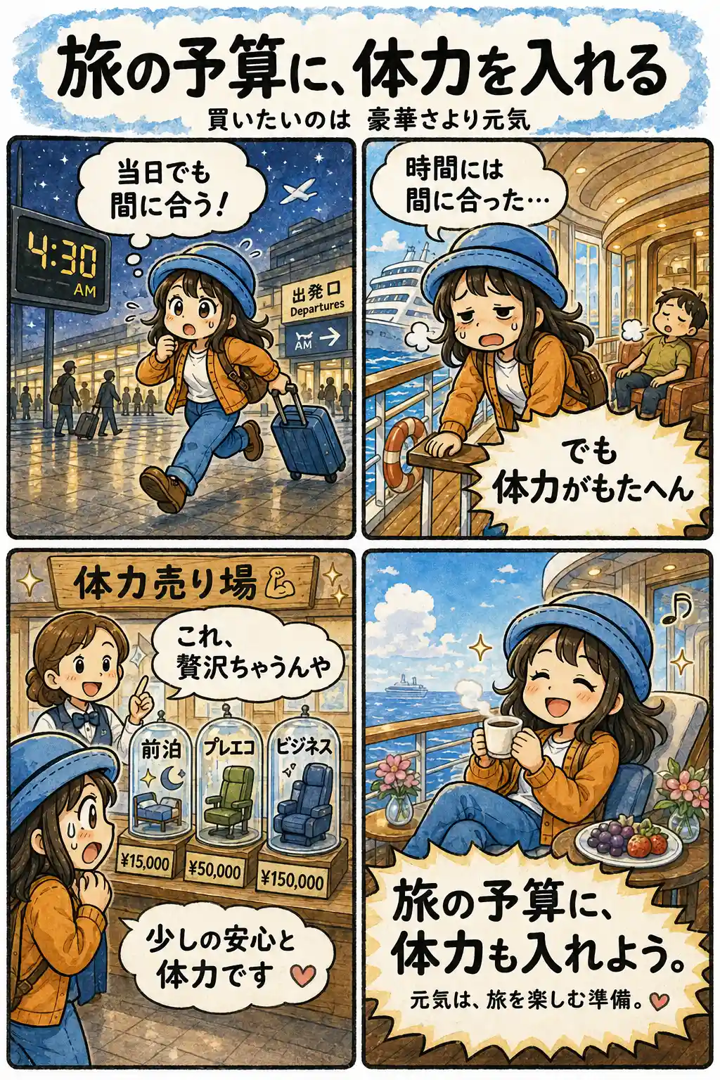 旅の予算に体力も入れようと気づく、前泊やプレエコ、ビジネスを体力への投資として描いた4コマ漫画。