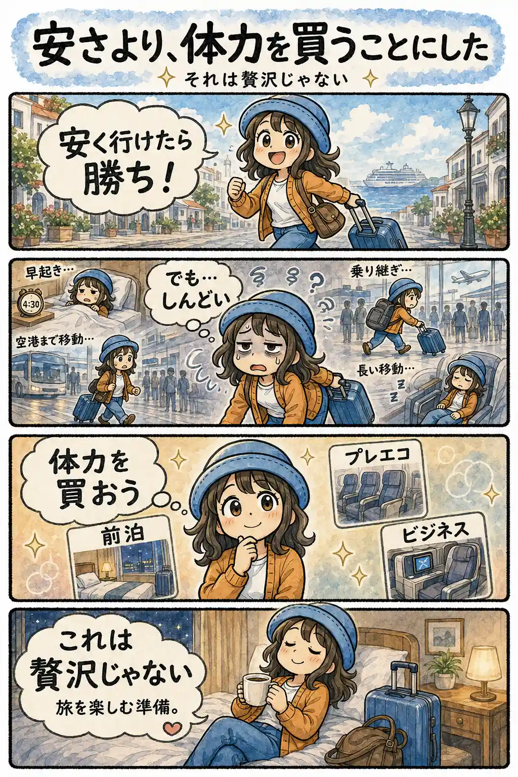 安い旅を優先して移動で疲れたAppyが、前泊やプレエコ、ビジネスで体力を買うのは贅沢ではなく旅を楽しむ準備だと気づく4コマ漫画