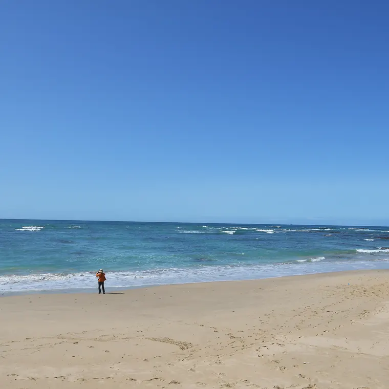 広い砂浜に立つ一人の人と青い海