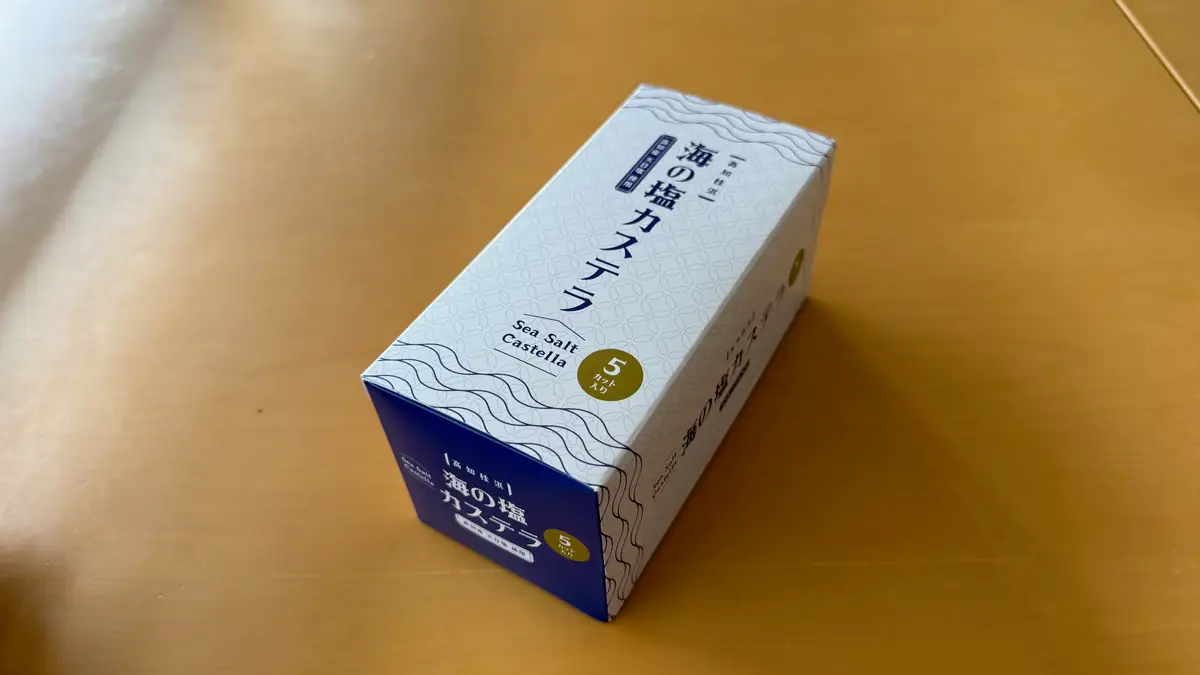 桂浜で買った海の塩カステラ。5カット入り、購入価格600円。
