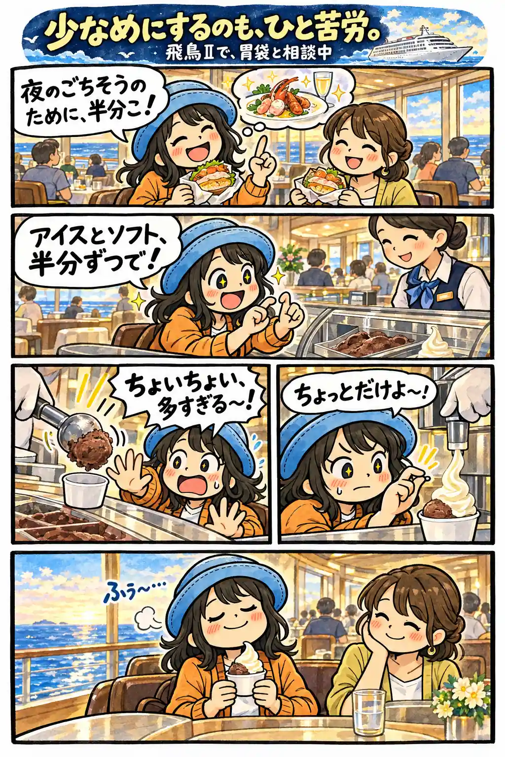 飛鳥Ⅱで夕食のためにバーガーを半分にし、アイスとソフトクリームも少量にしようと奮闘するAppyの漫画。
