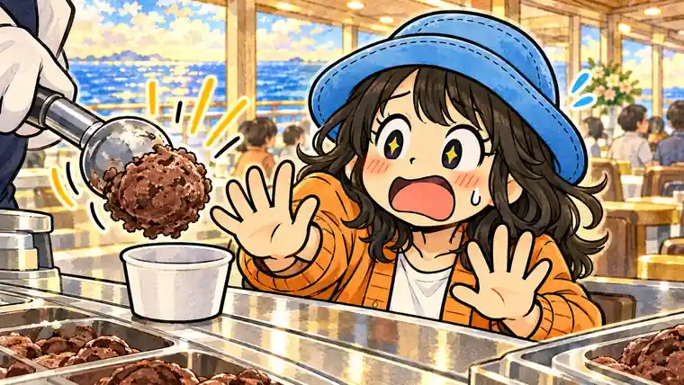 飛鳥Ⅱのアイス売場で、大きなチョコアイスのスクープに驚き、両手で少なめをお願いするAppy。