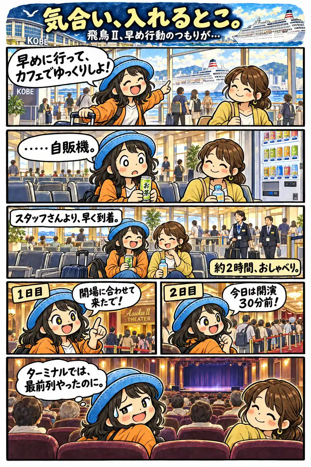 神戸のターミナルには早く着きすぎたのに、船内ショーでは席選びに出遅れるAppyの飛鳥Ⅱ体験漫画。