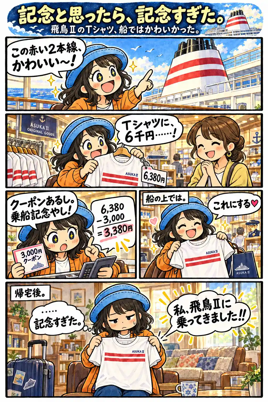 飛鳥Ⅱの赤い2本線にときめいて記念Tシャツを買ったAppyが、帰宅後にその主張の強さに照れる漫画。