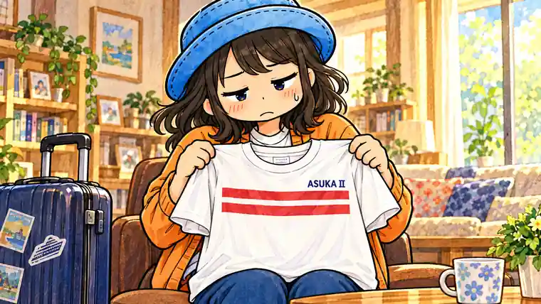帰宅したAppyが、赤い2本線とASUKAⅡの文字がある白いTシャツを手に、気恥ずかしそうに眺める場面。