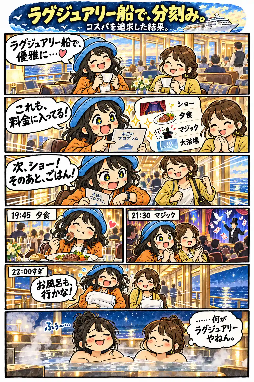 飛鳥Ⅱのショー、夕食、マジック、大浴場を楽しもうと分刻みで動き、最後に湯船で脱力するAppyの漫画。