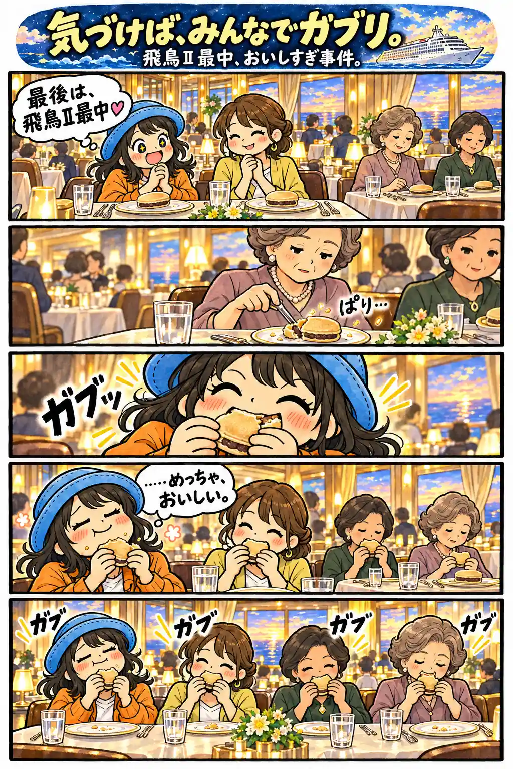 飛鳥Ⅱの最中をAppyが両手で持ってかぶりつくと、友人も隣席の人たちも同じ食べ方になった体験漫画。
