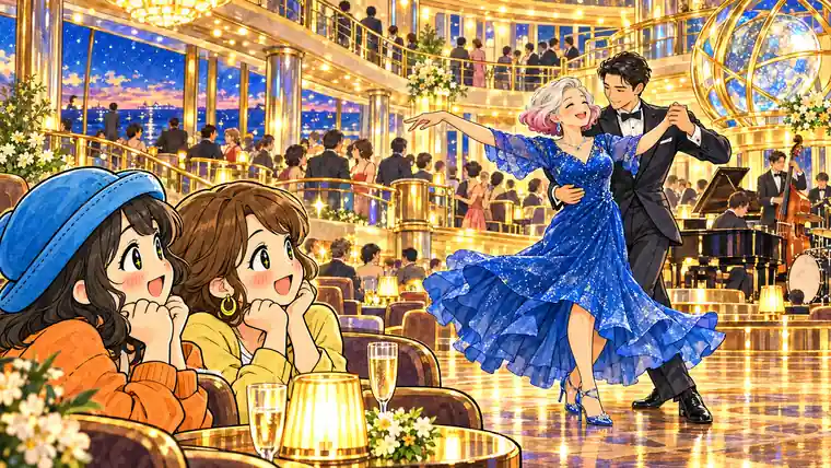 飛鳥Ⅱのアトリウムで青いドレスの女性が踊る姿を、Appyと友人が目を輝かせて見つめるイラスト。