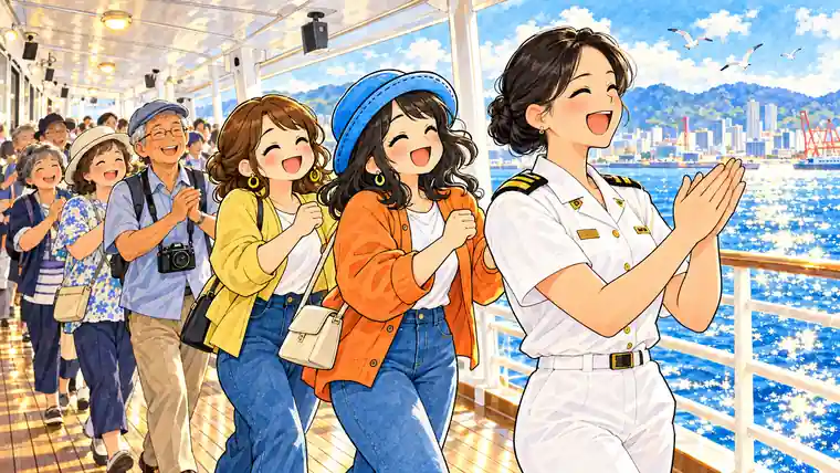 飛鳥Ⅱのデッキで、笑顔の女性スタッフに続いてAppyと友人、乗客たちが楽しそうに列になって進むイラスト。