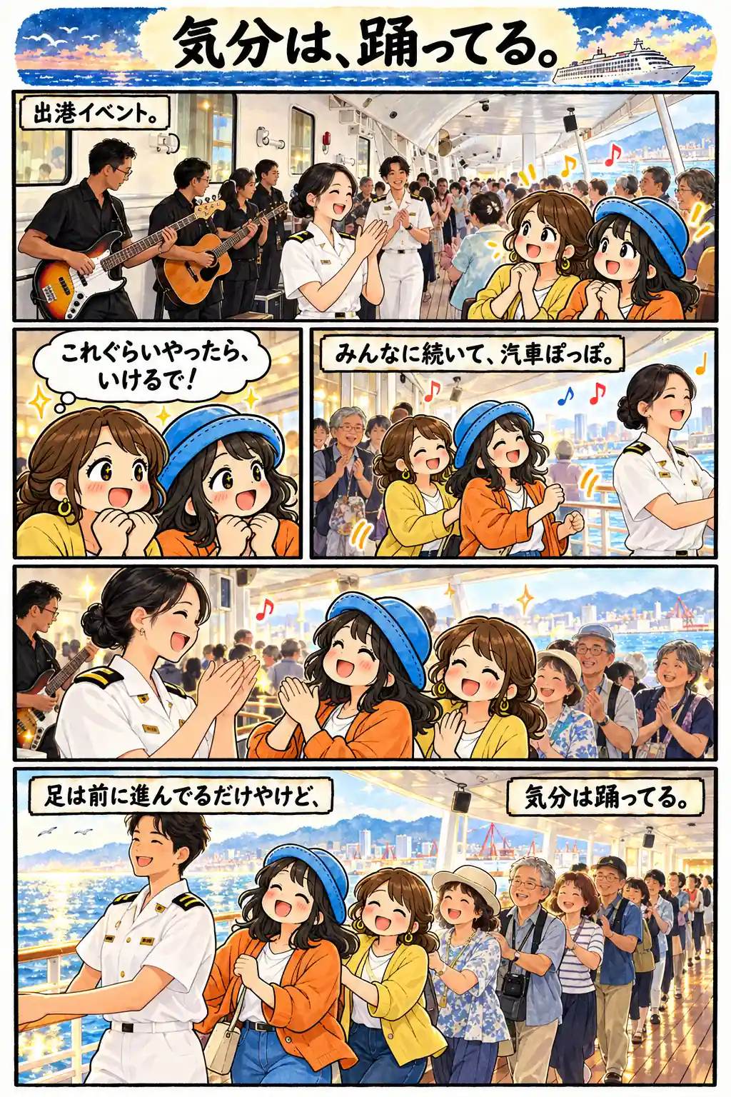 飛鳥Ⅱの出港イベントで、Appyと友人が汽車ぽっぽのような列に加わり、スタッフの笑顔と音楽を楽しむ漫画。