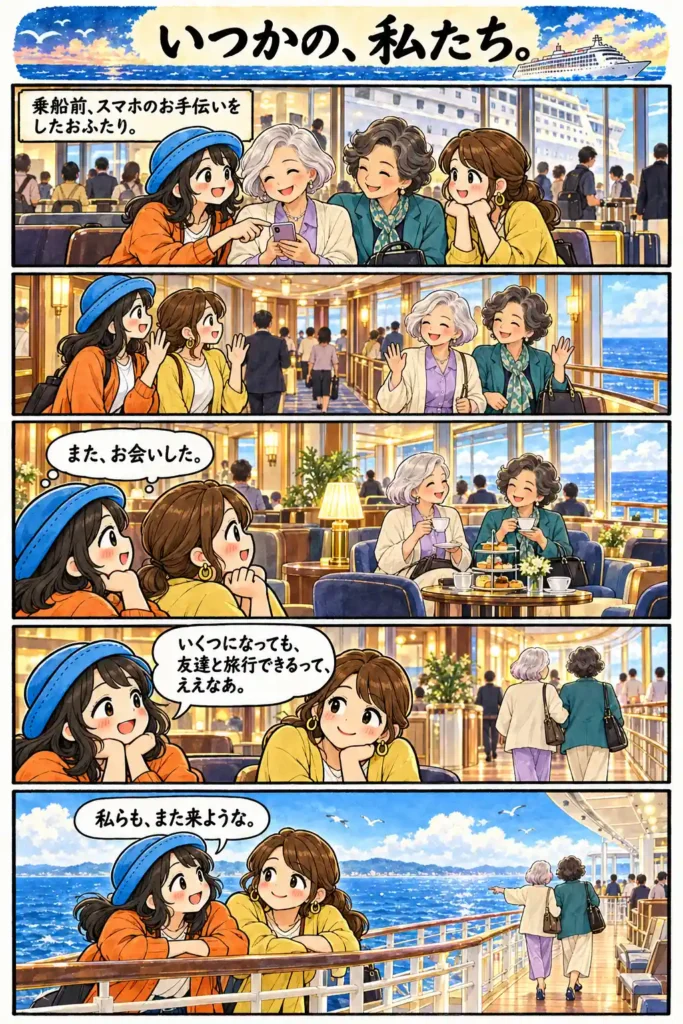 乗船前にスマホを手伝った年配の女性ふたりと船内で再会し、友人と旅を続ける姿に心を寄せるAppyの漫画。