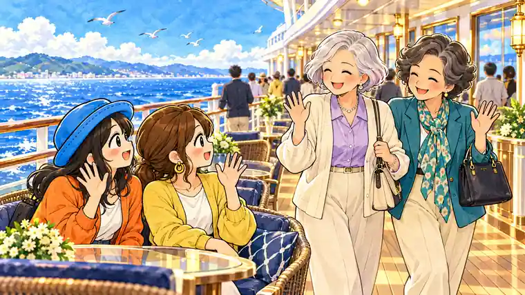 飛鳥Ⅱの海が見えるデッキで、Appyと友人が年配の女性ふたりと笑顔で手を振り合うイラスト。