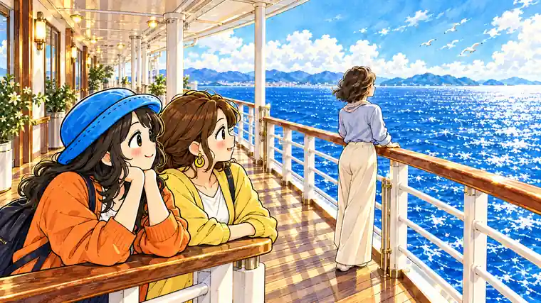 飛鳥Ⅱのデッキでひとり海を眺める女性と、その姿を穏やかな表情で見つめるAppyと友人のイラスト。