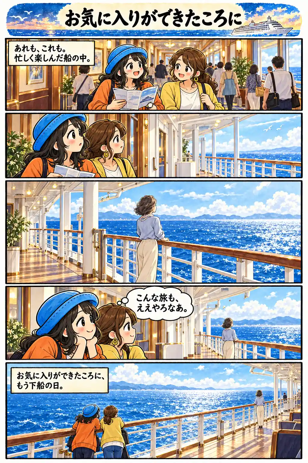 飛鳥Ⅱで忙しく楽しんでいたAppyが、ひとりで海を眺める女性に気づき、静かな旅の時間に思いを寄せる漫画。