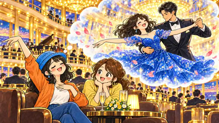 椅子で片手を上げてうっとりするAppyと笑顔の友人、その上に青いドレスで踊るAppyの妄想が広がるイラスト。