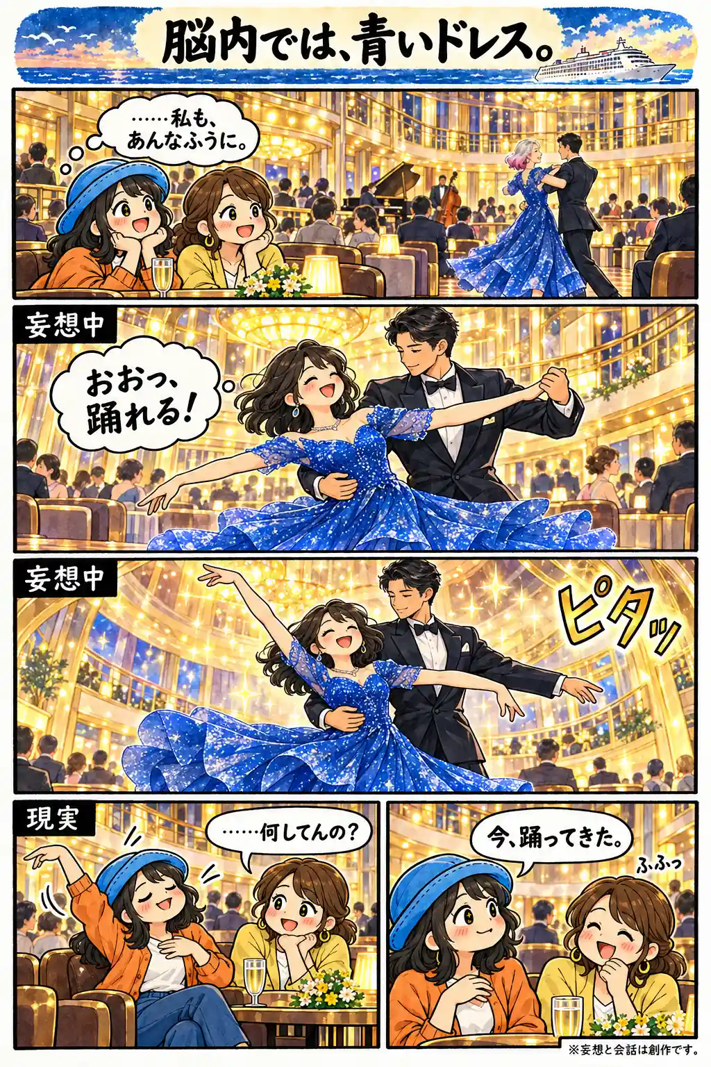 青いドレスで華麗に踊る妄想をしたAppyが、現実では椅子に座ったまま片手を上げていたという創作漫画。