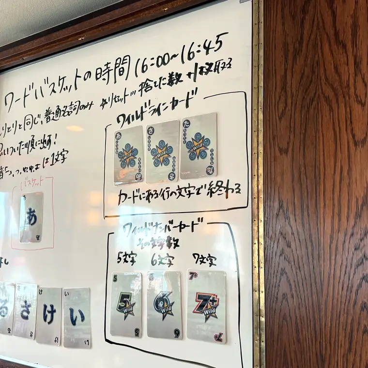 ワードバスケットのルールやカードが書かれた船内の案内板